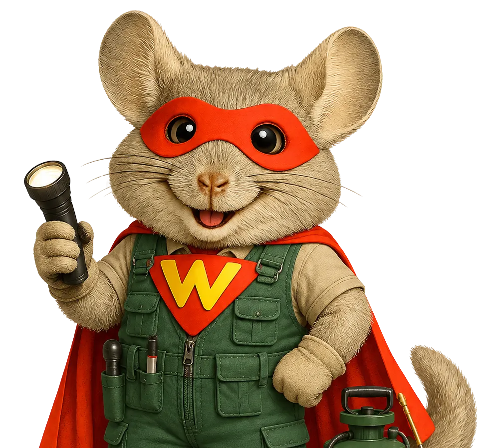 WinChilla mascot dressed as a pest control technician with a flashlight and sprayer for pest control CRM software.