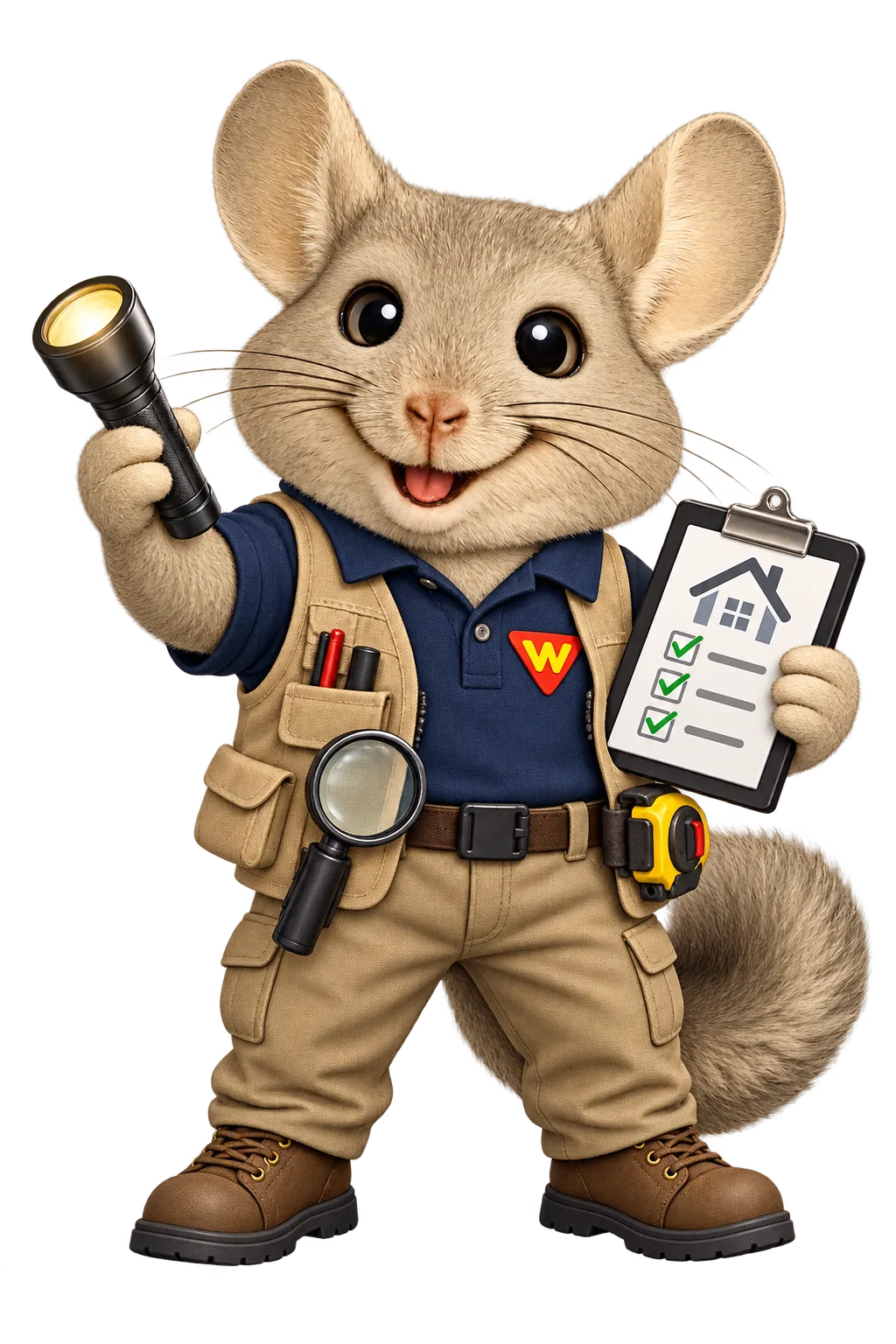 WinChilla mascot dressed as a home inspector with tools and a checklist, representing home inspector marketing.