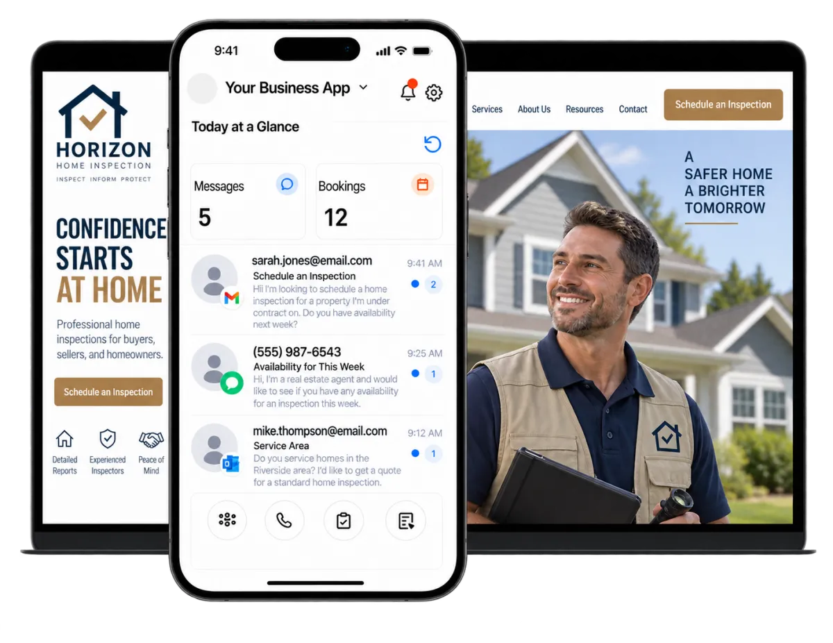 Digital marketing for home inspectors shown across a laptop and mobile CRM dashboard.