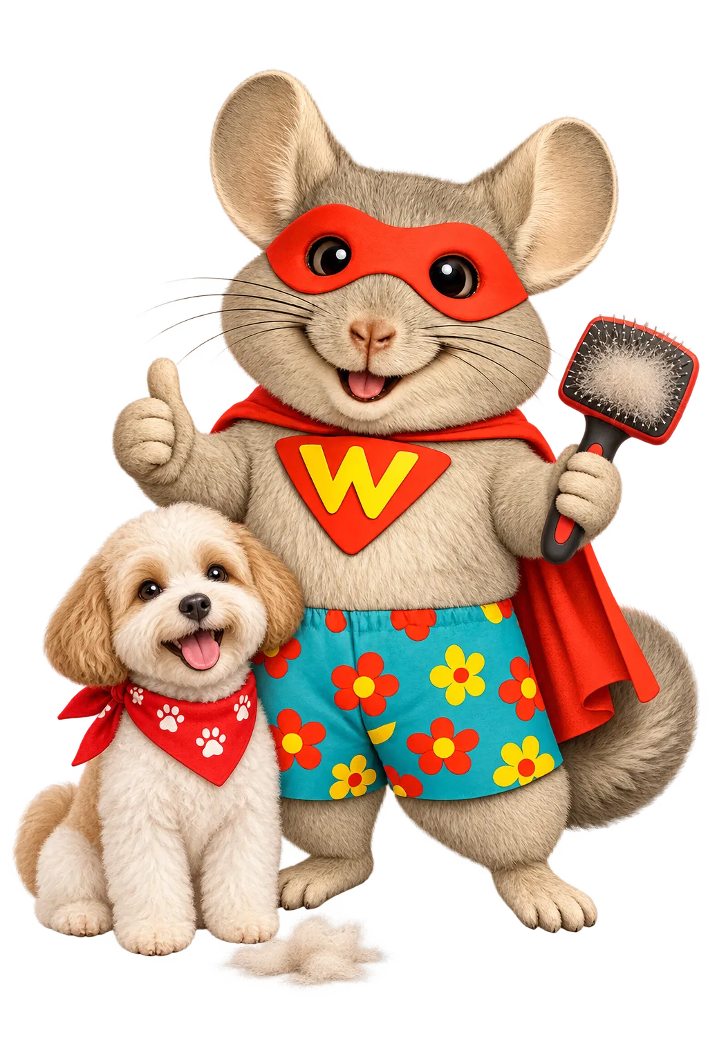 WinChilla’s mascot holds a grooming brush beside a freshly groomed dog to represent pet grooming software.