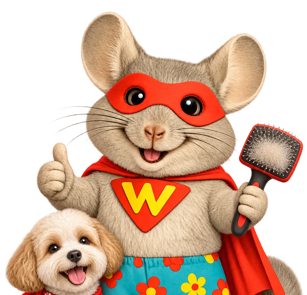 WinChilla’s mascot holds a grooming brush beside a freshly groomed dog to represent pet grooming software.