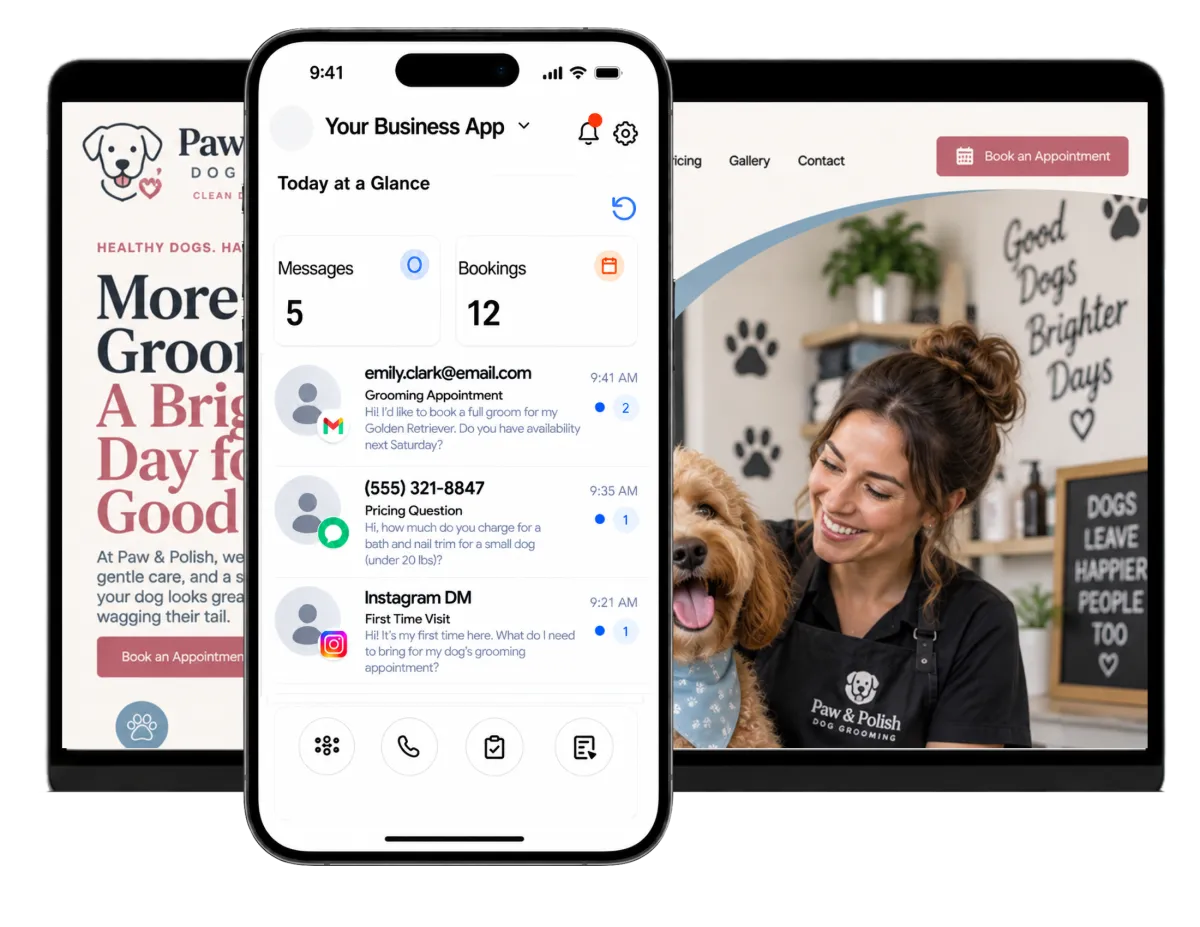 Dog grooming software displayed across a smartphone, tablet, and laptop for managing pet-owner messages, bookings, and grooming services.