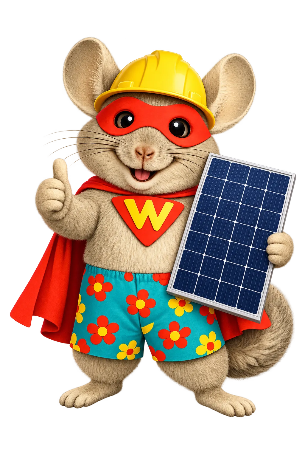 WinChilla’s superhero mascot holds a solar panel to represent solar CRM tools for installers and sales teams.