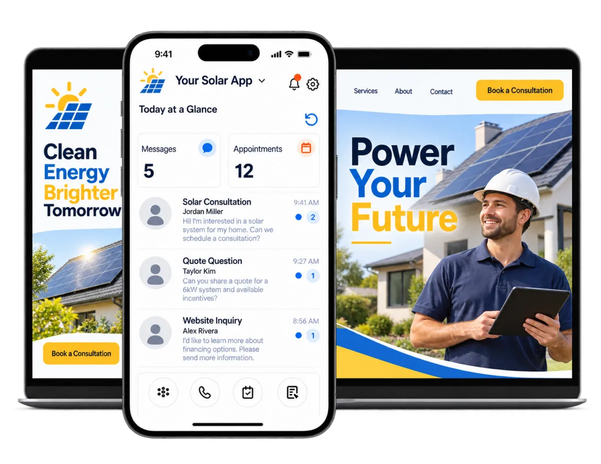 Solar CRM software displayed across a smartphone, tablet, and laptop with lead messages, appointments, and a solar company website.