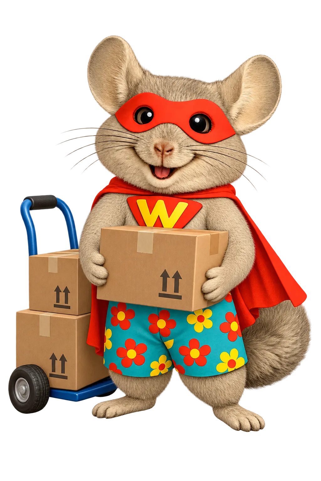 WinChilla mascot carrying boxes for moving company marketing.