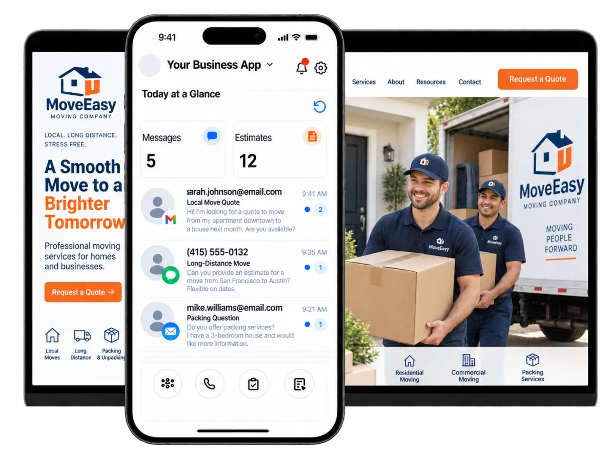 Moving company software displayed across desktop, tablet, and mobile devices for managing leads, bookings, and customer conversations.