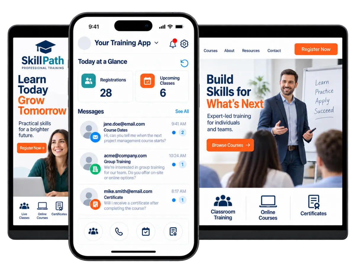 CRM for training providers shown across desktop, tablet, and mobile devices.