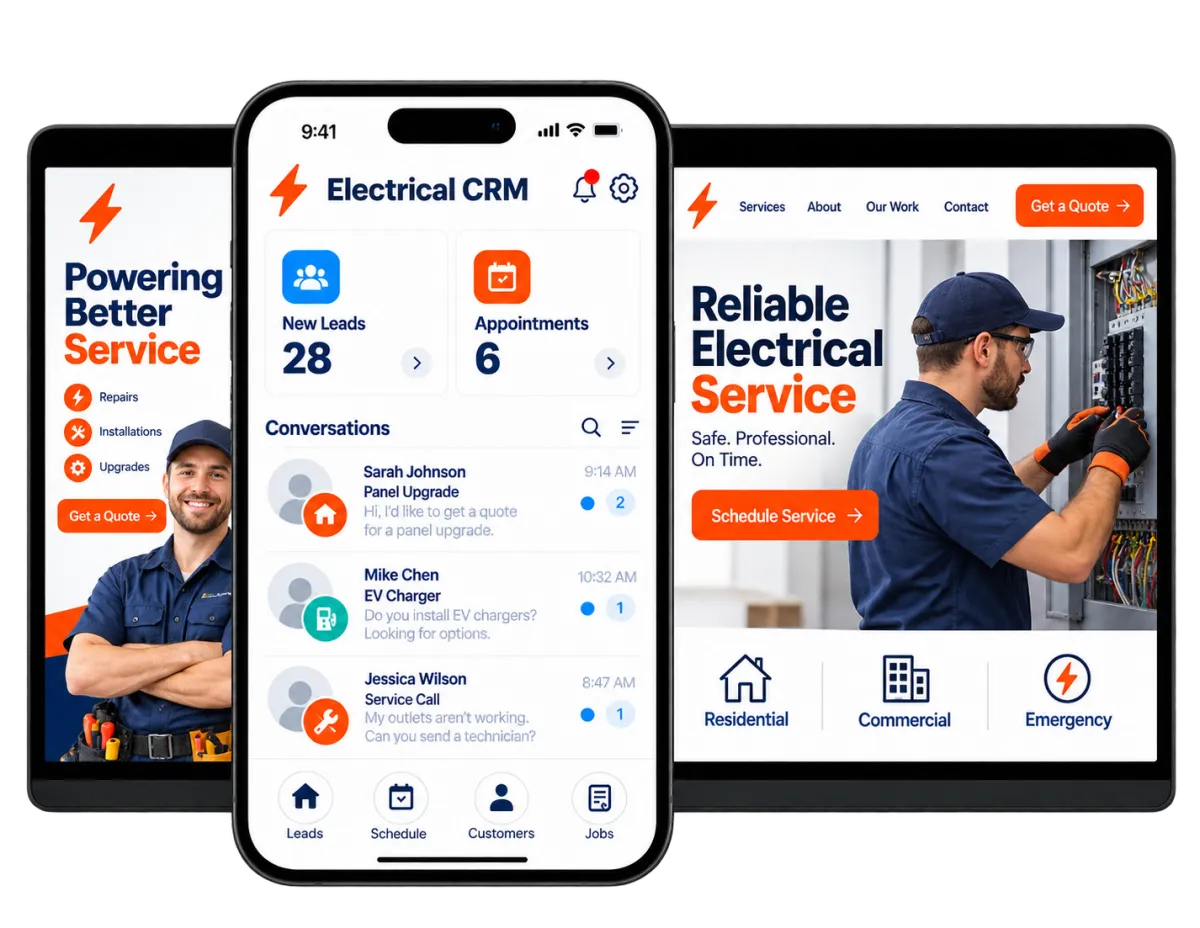 Electrical business software displayed across desktop, tablet, and mobile devices.
