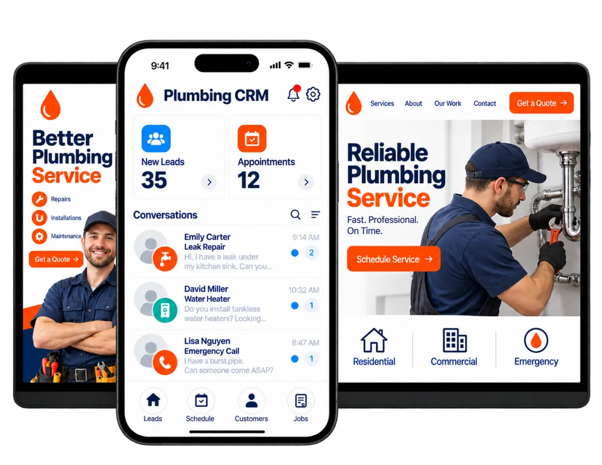 Plumbing company software displayed across mobile, tablet, and desktop devices.