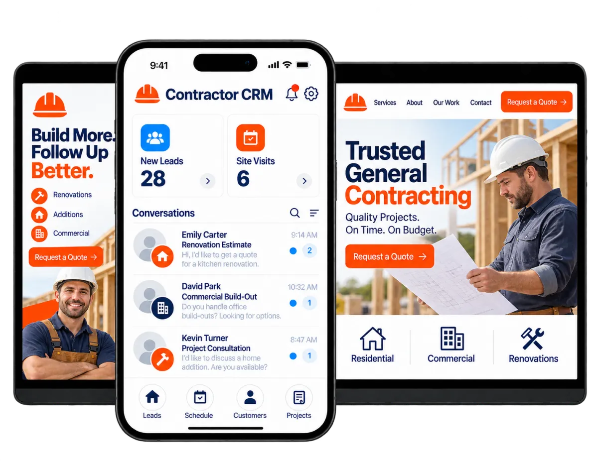 Construction CRM software displayed across desktop, tablet, and mobile devices.