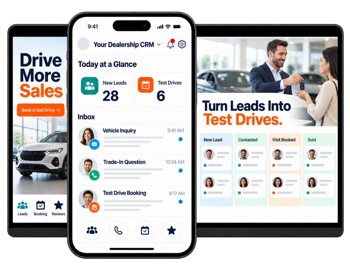 Automotive CRM software displayed across desktop, tablet, and mobile devices for car dealerships.