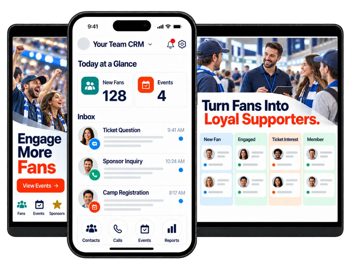 Fan engagement software displayed across mobile, tablet, and desktop devices.