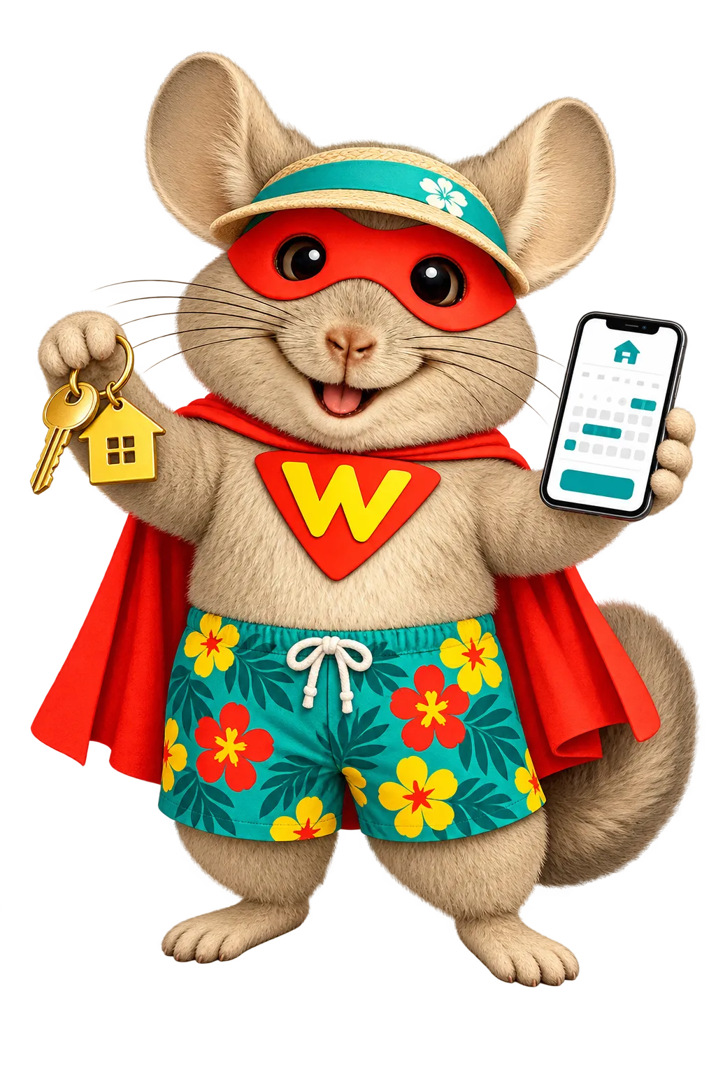 WinChilla mascot promoting vacation rental marketing with a house key and booking app.