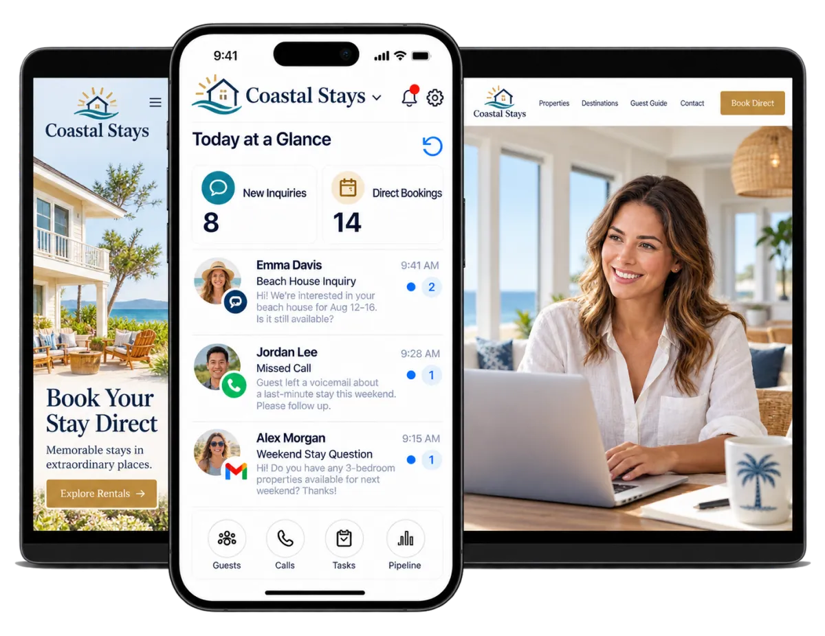 Vacation rental CRM dashboard displayed across desktop, tablet and mobile devices.