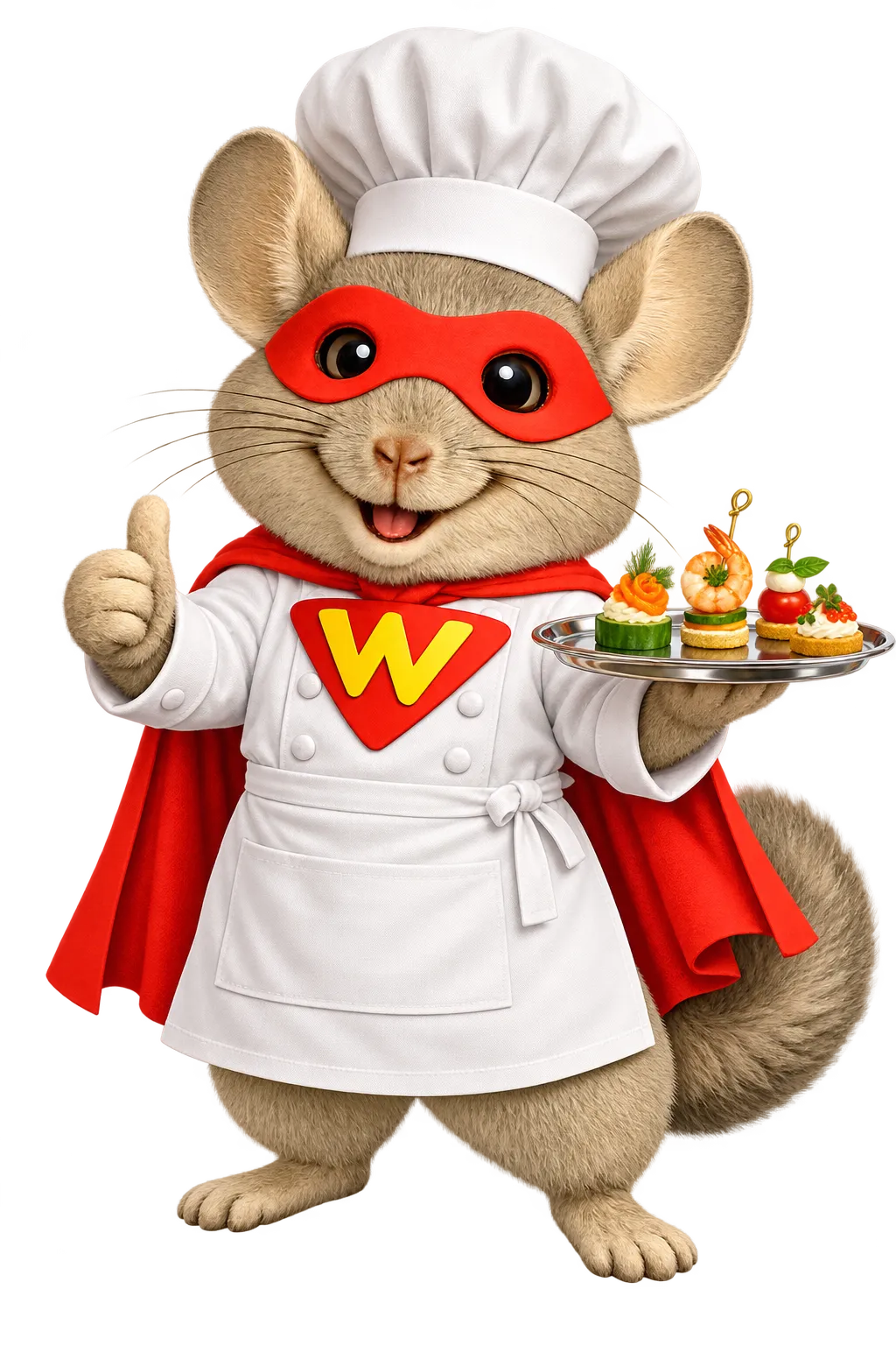 WinChilla mascot chef holding appetizers for catering CRM software.