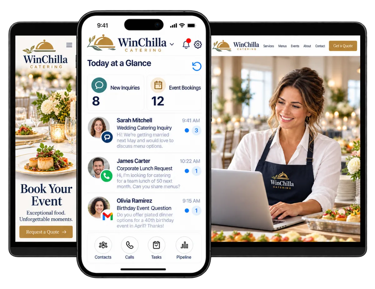 Catering booking system displayed across mobile, tablet, and desktop screens.