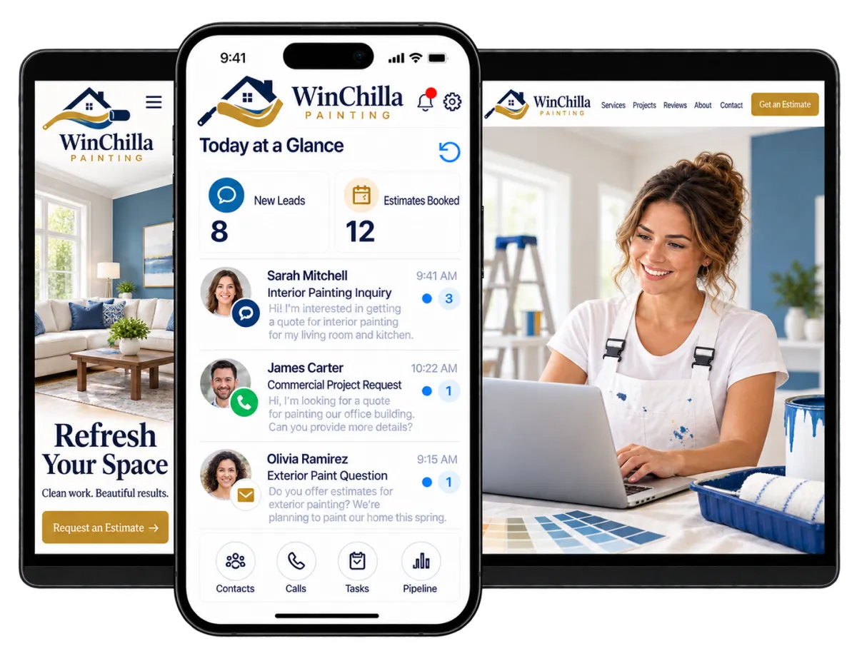 Painting company software shown across mobile, CRM, and desktop screens.