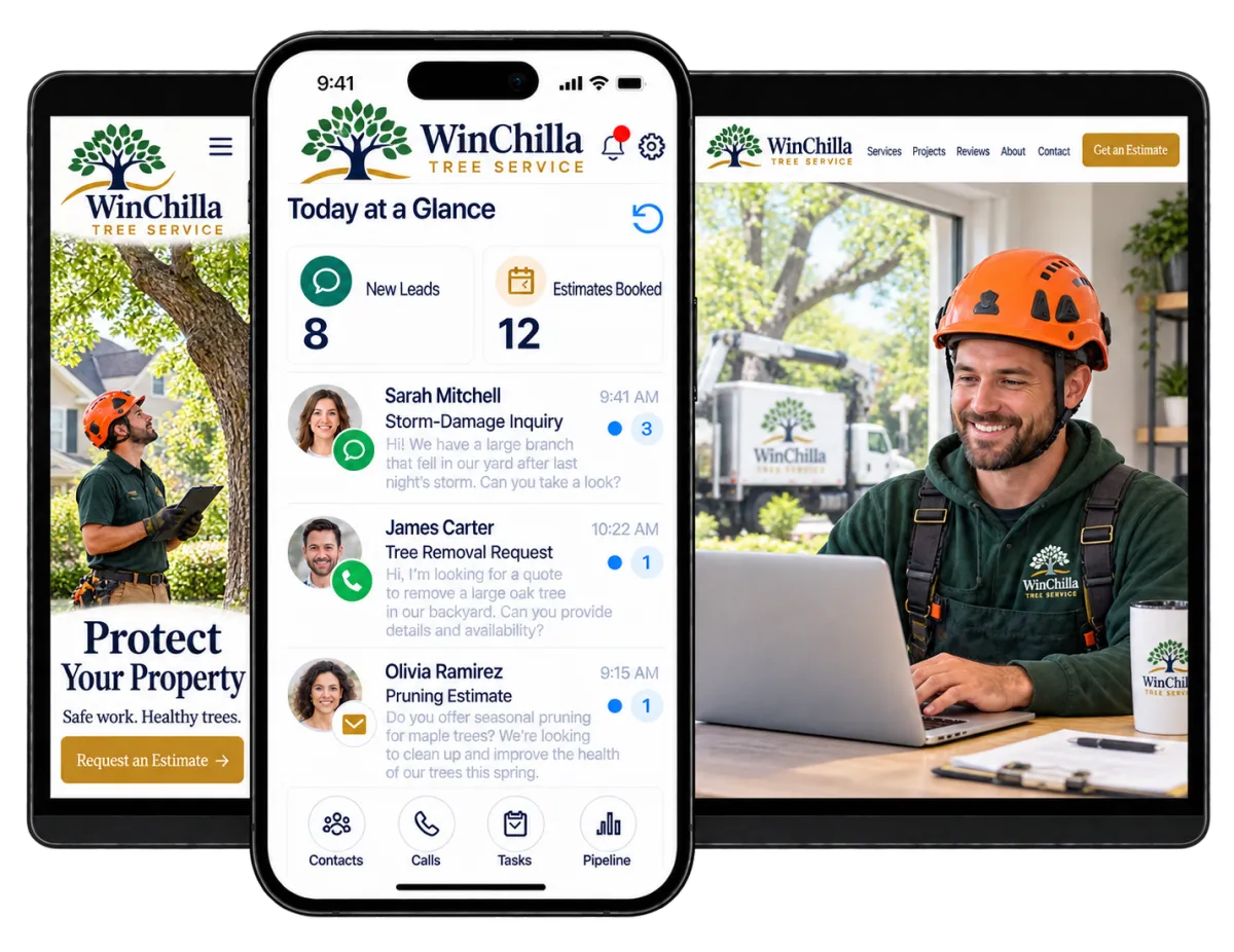 Tree service CRM dashboard showing leads, estimate bookings, customer messages, and an arborist business website.