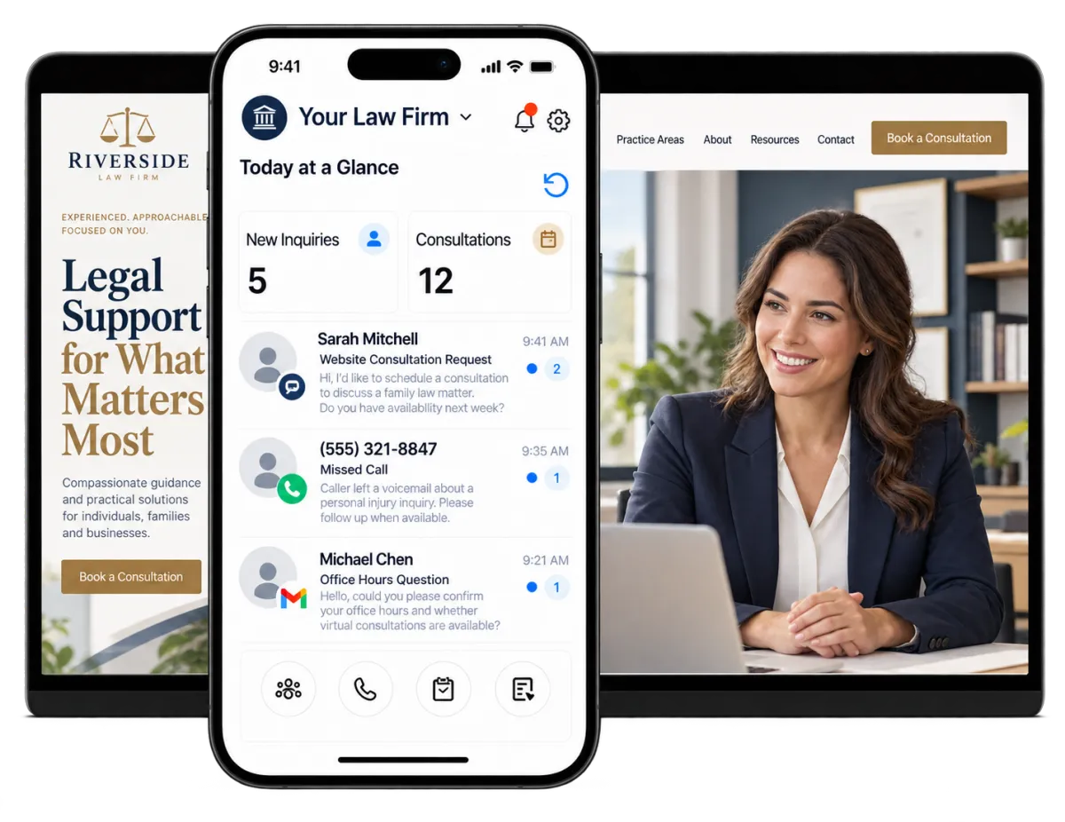 Legal CRM software displayed across mobile and desktop devices