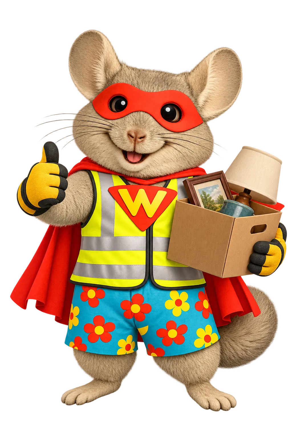 WinChilla mascot carrying a box of household items for junk removal marketing software.