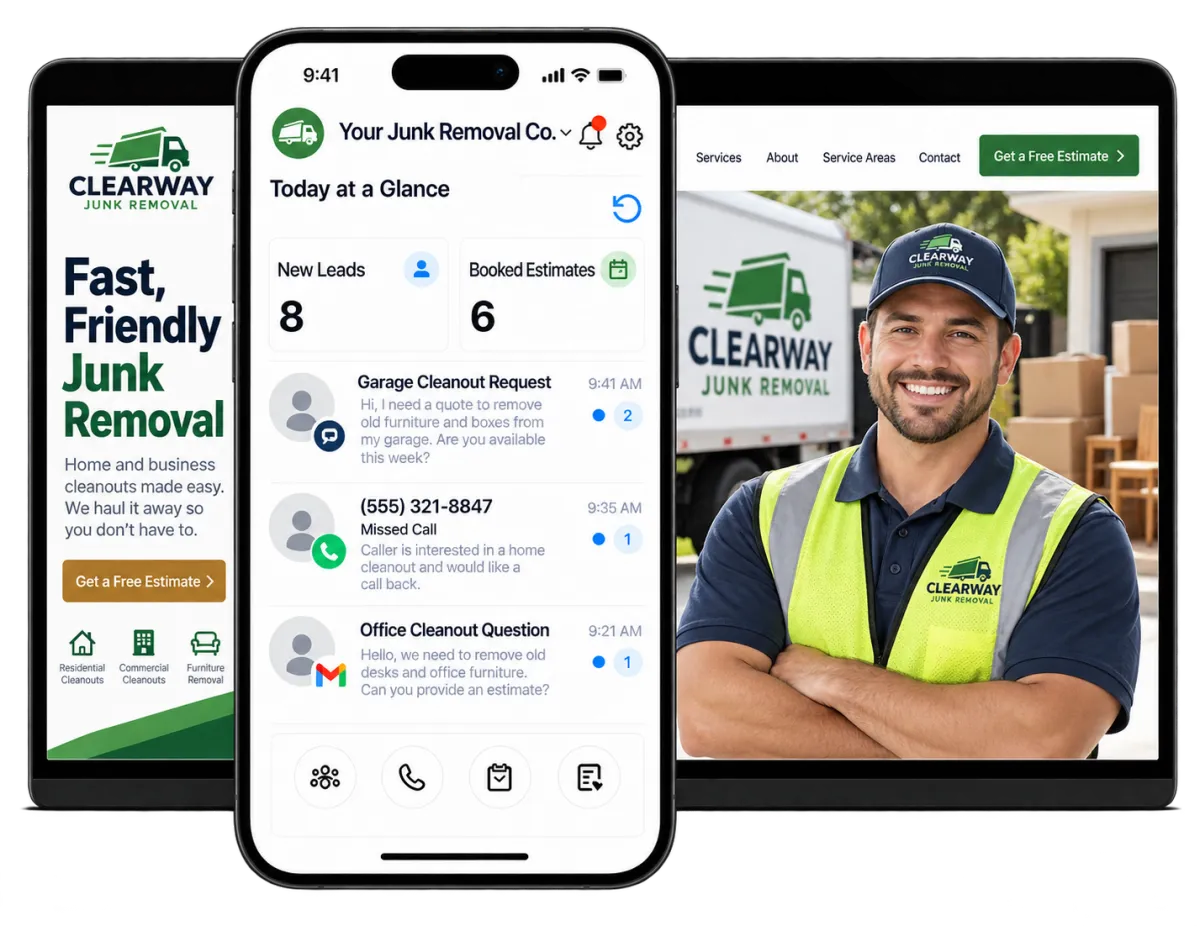 Junk removal software displayed across mobile, tablet, and desktop screens for managing leads and estimates.