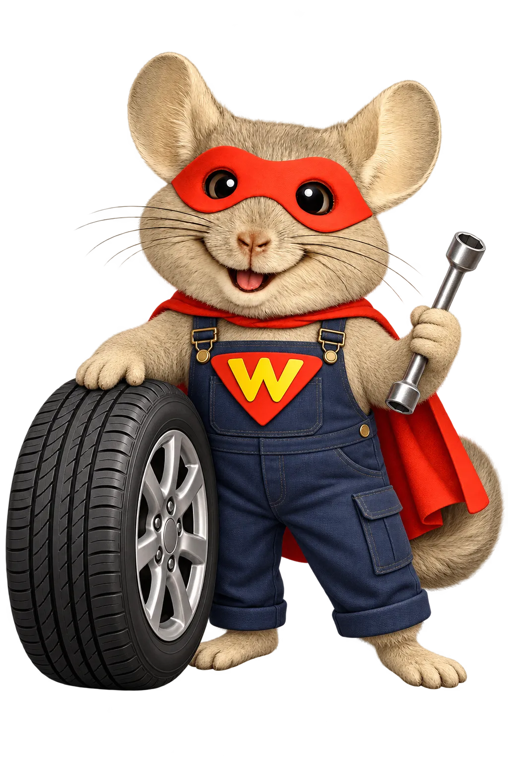 WinChilla tire shop marketing mascot holding a tire and lug wrench
