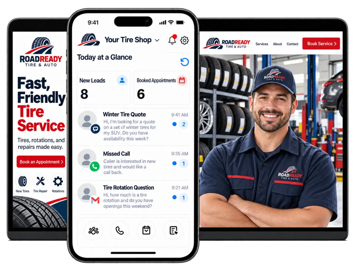 Tire shop software dashboard displayed across mobile and desktop screens for a tire service business