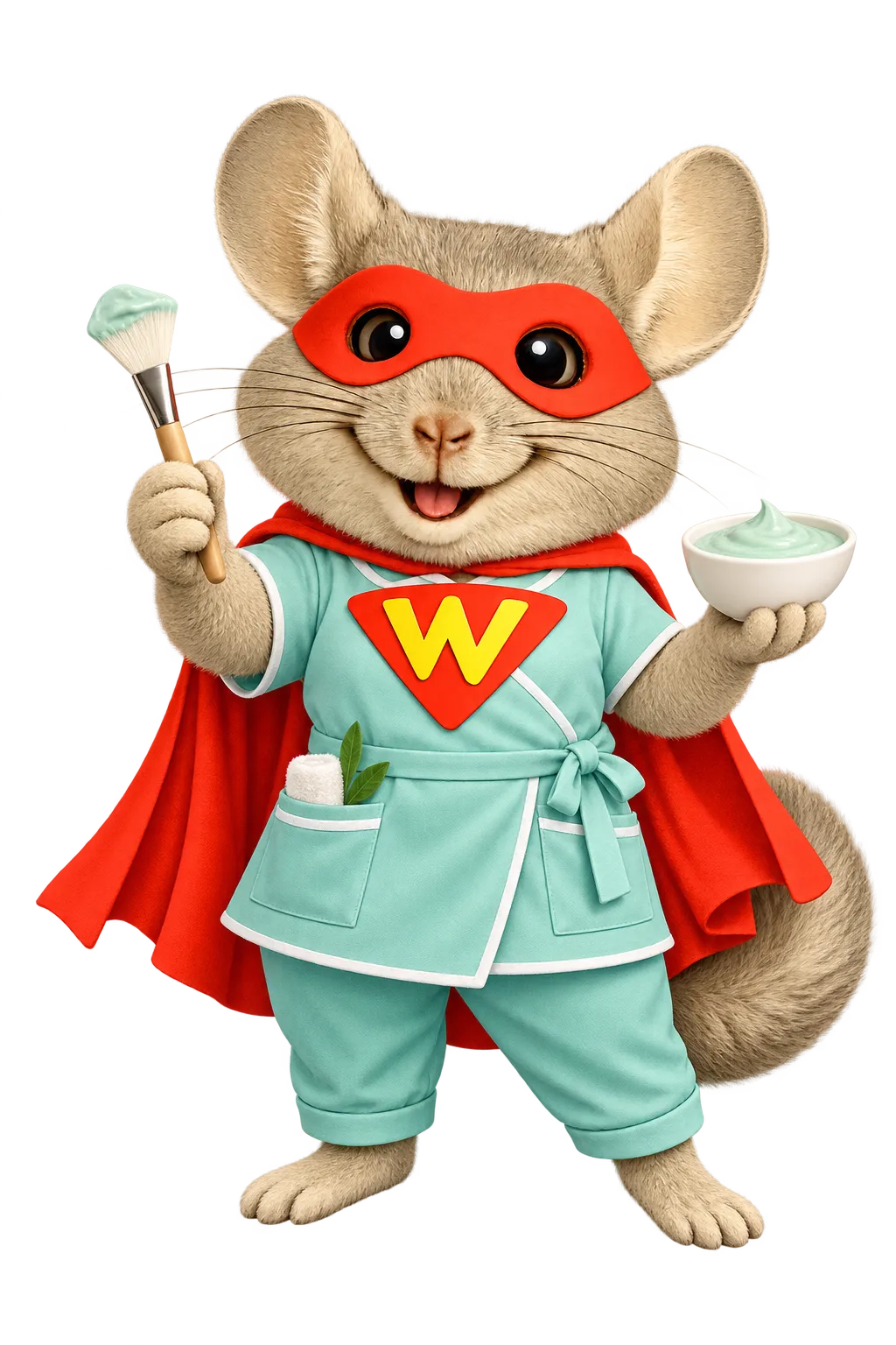 WinChilla chinchilla mascot in an aqua skincare uniform holding a facial brush and treatment bowl to represent esthetician software.