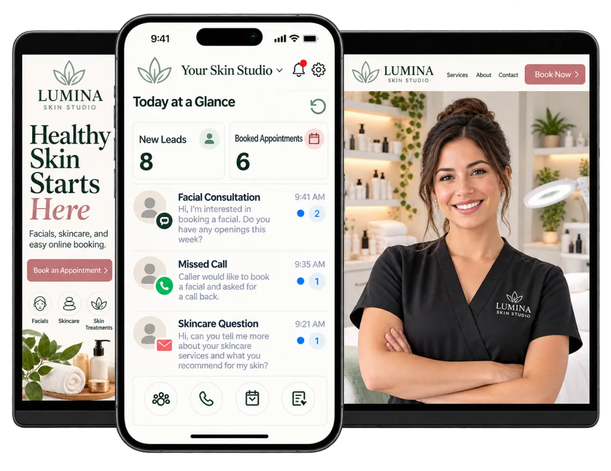 Esthetician booking software displayed across mobile, tablet, and desktop screens with new leads, appointments, client messages, and a skincare studio website.
