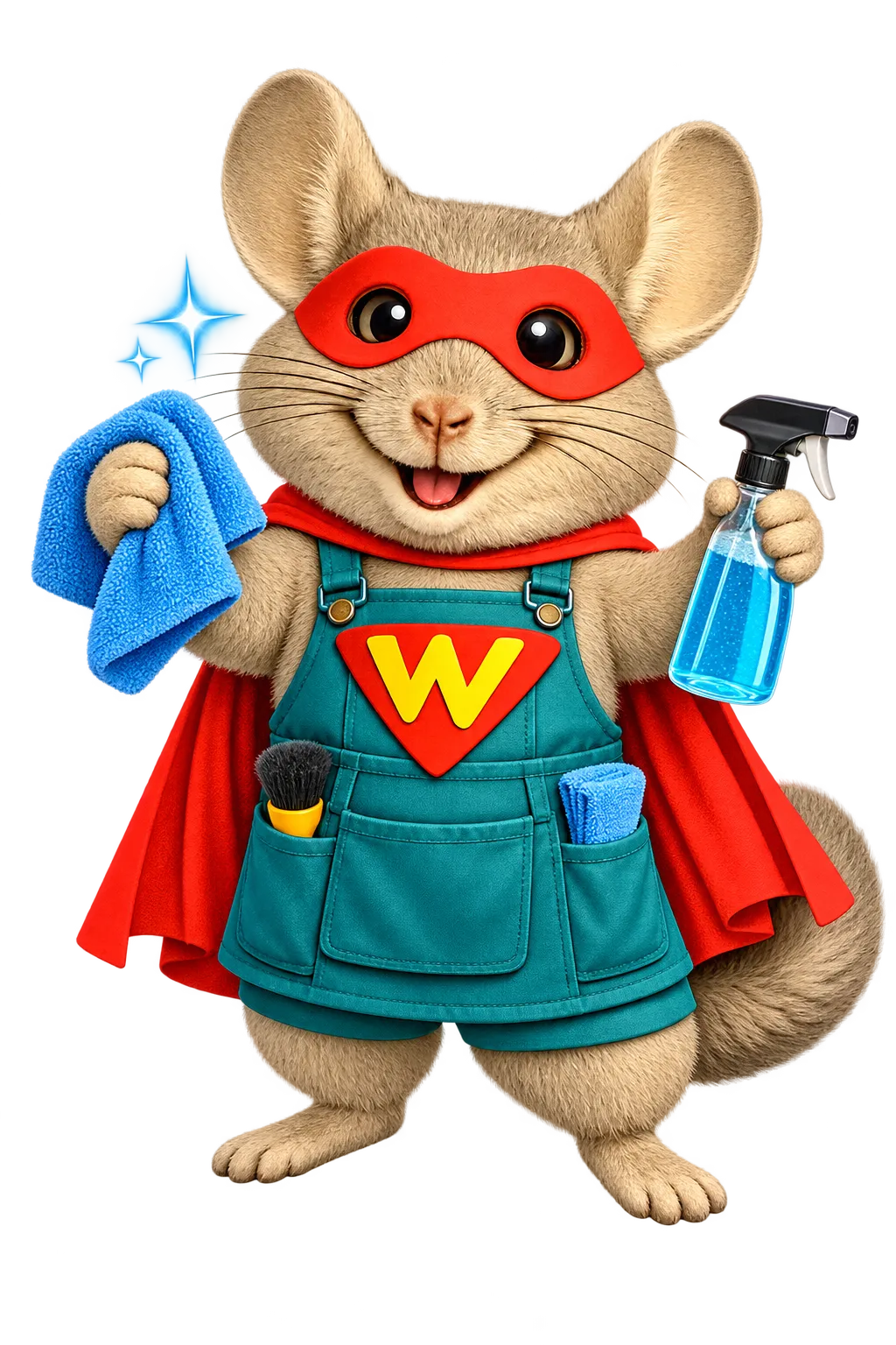 WinChilla mascot holding a microfiber cloth and spray bottle for auto detailing CRM.