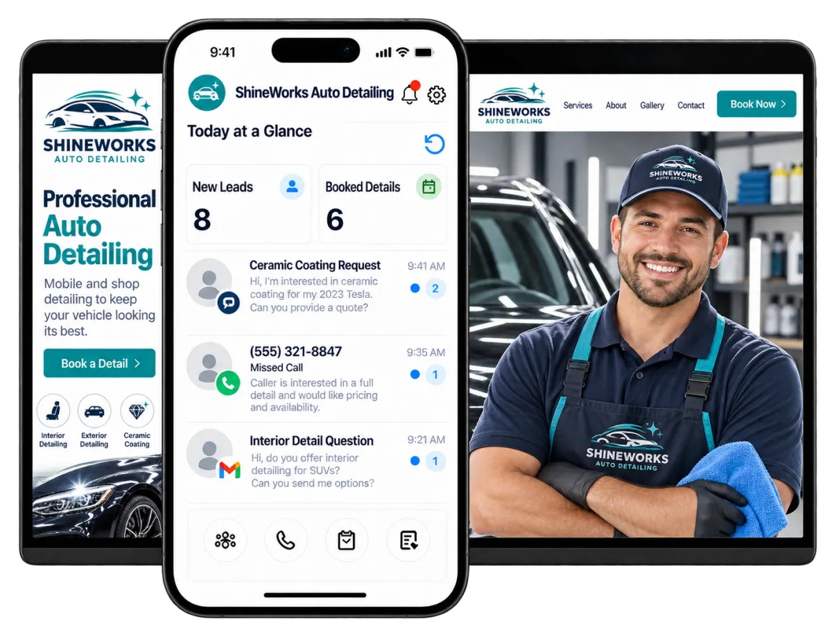 Auto detailing business software shown across desktop, tablet, and mobile screens with leads, bookings, and customer messages.
