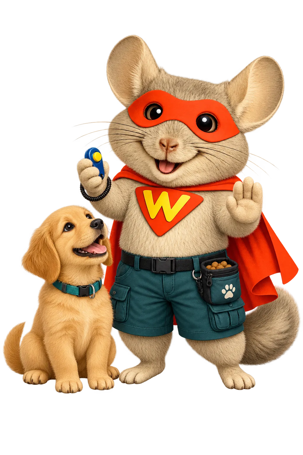 WinChilla dog training software mascot holding a clicker and giving a hand signal beside a seated golden retriever puppy.