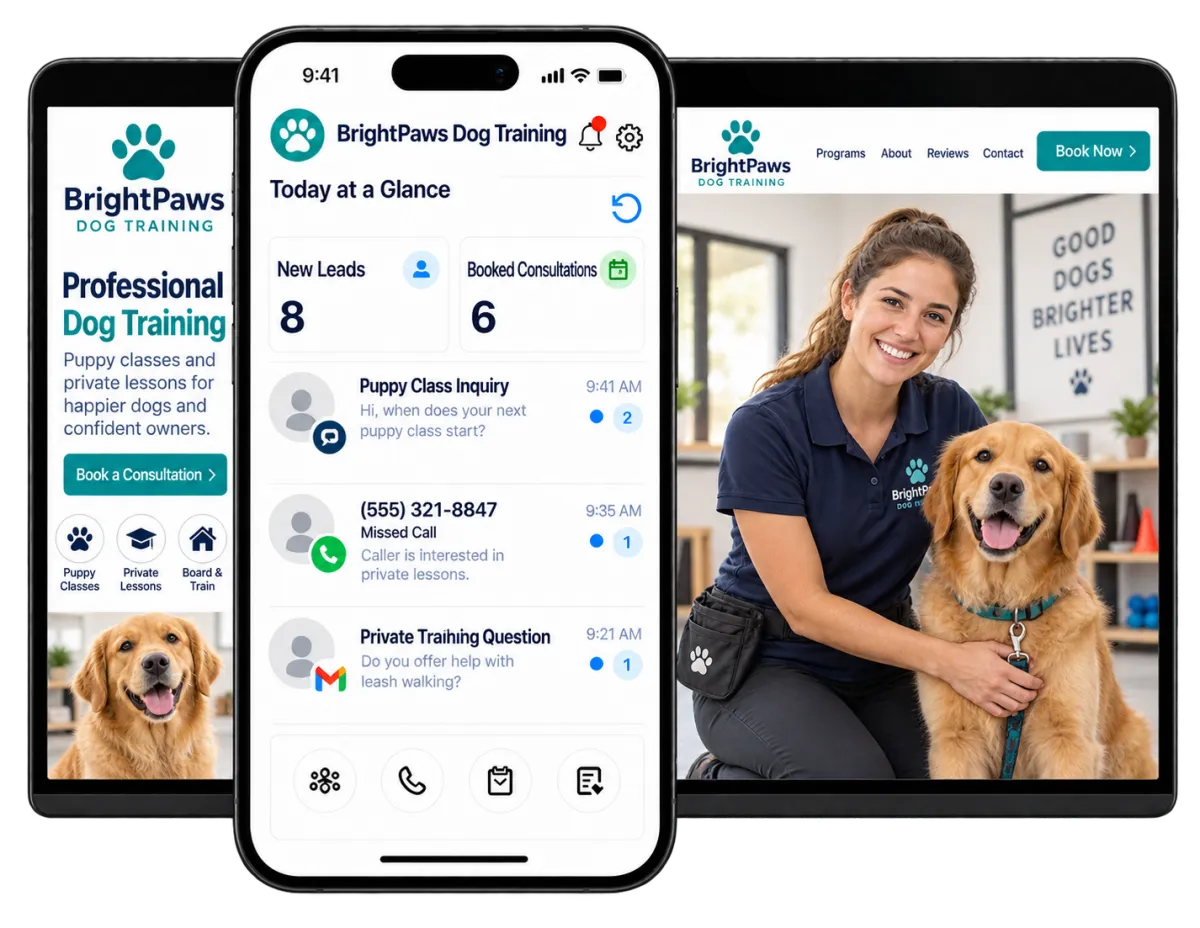 Dog trainer CRM displayed on a smartphone and two tablets, showing client inquiries, booked consultations, and a dog training website.