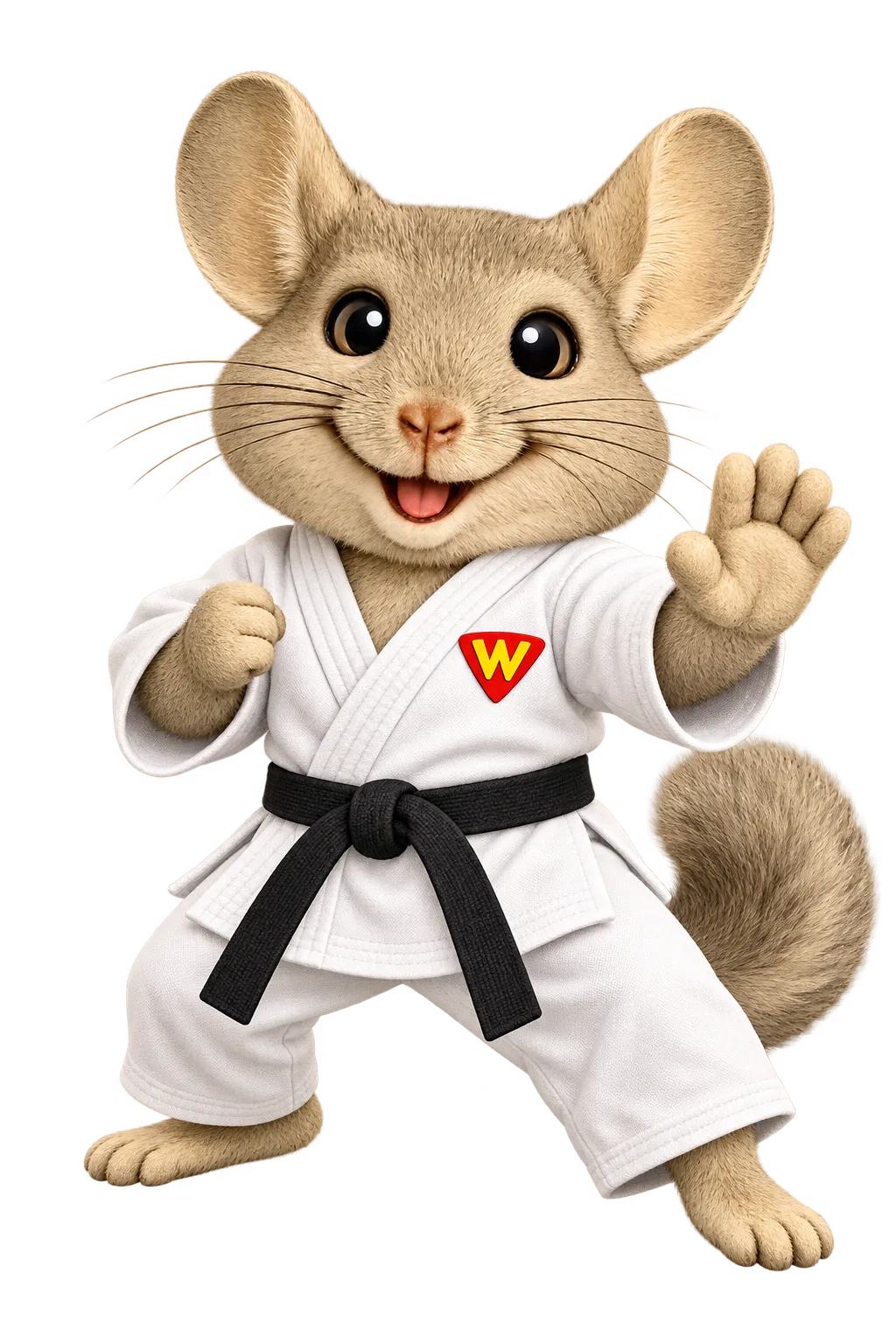 WinChilla martial arts mascot wearing a white gi and black belt for the best martial arts software.