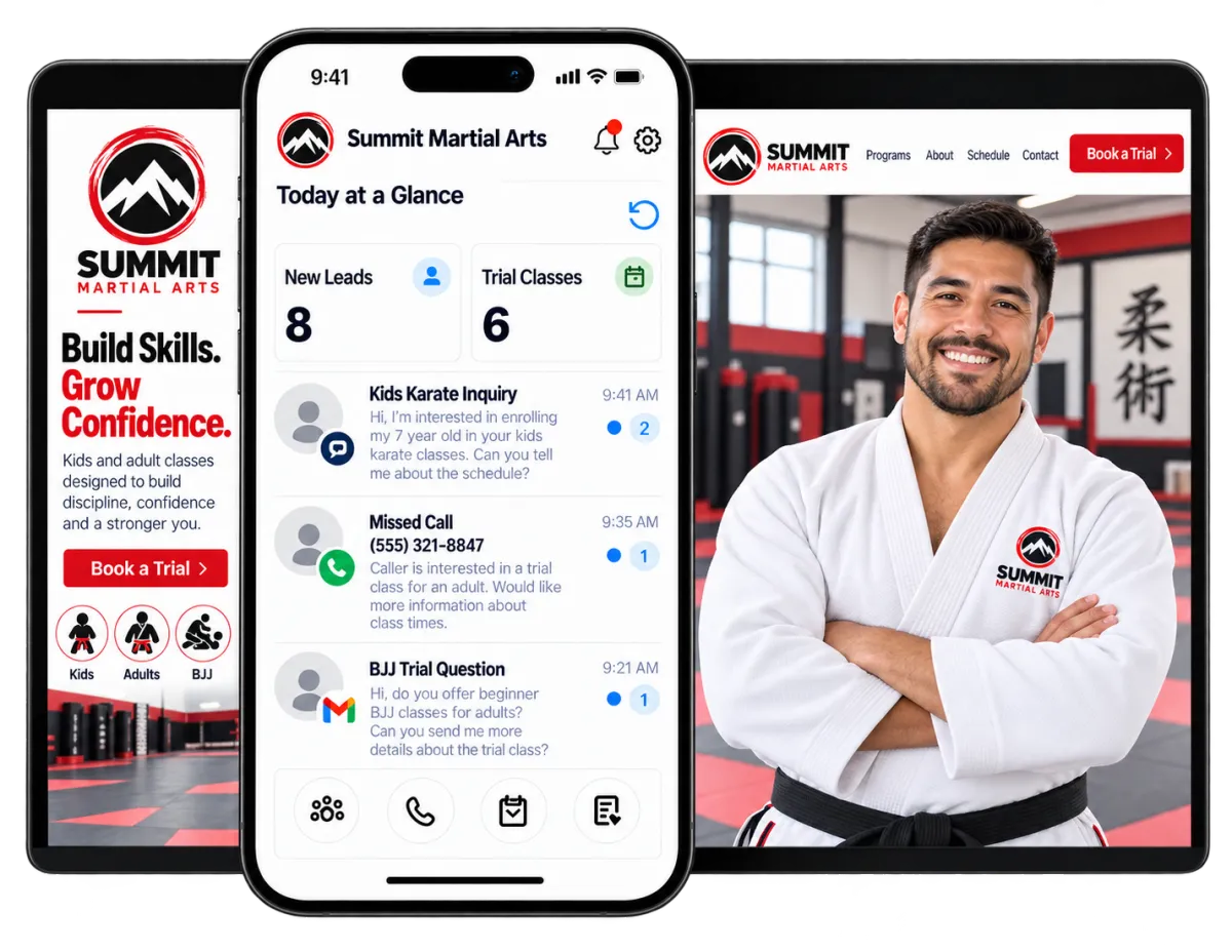 Martial arts CRM displayed across mobile and desktop devices with trial-class leads, booking tools, and a martial arts school website.