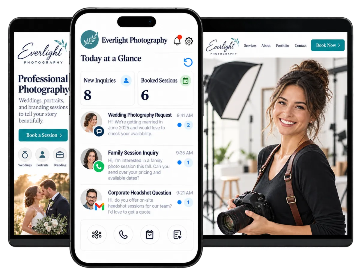 Photography CRM dashboard displayed across desktop, tablet, and mobile devices for managing inquiries and booked sessions.