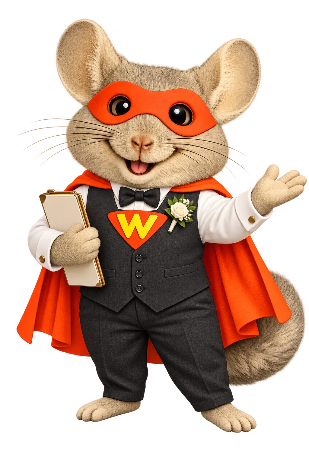WinChilla wedding venue CRM mascot dressed as a venue coordinator, holding a clipboard and welcoming couples.