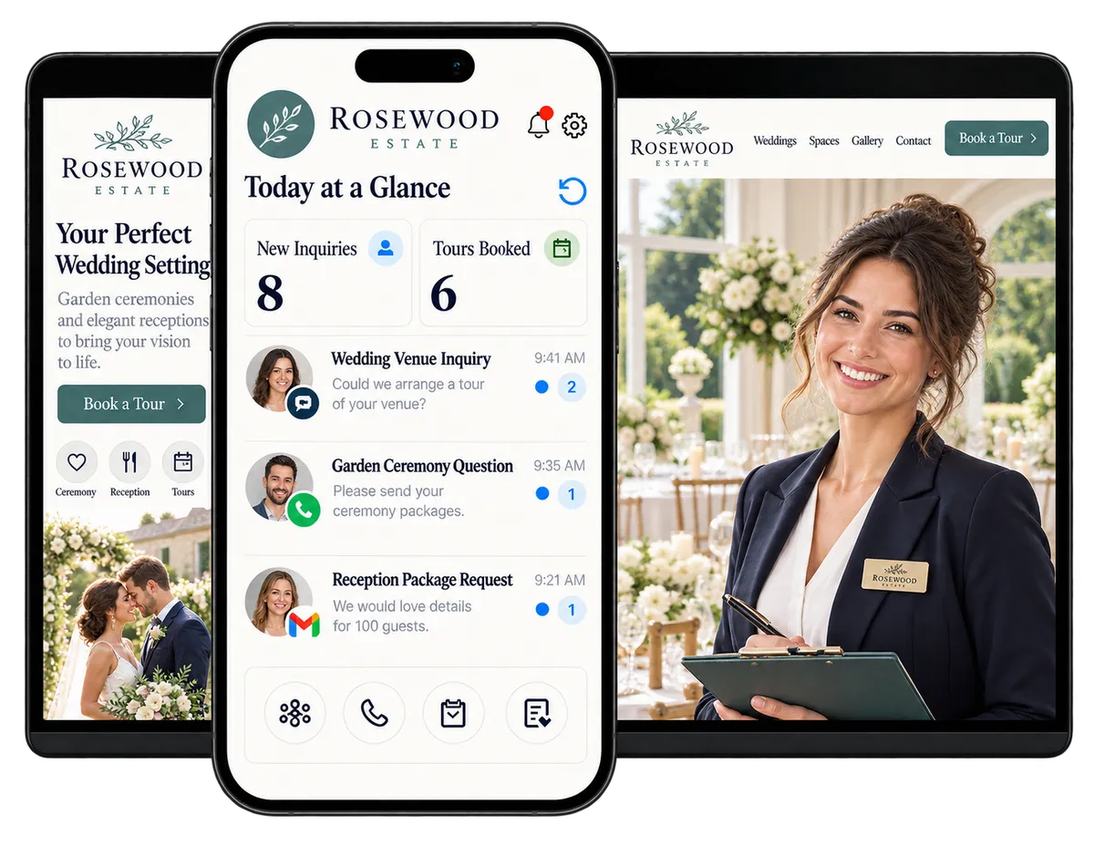 Wedding venue software displayed on a smartphone, tablet, and desktop screen, showing inquiries, booked tours, and a venue website.