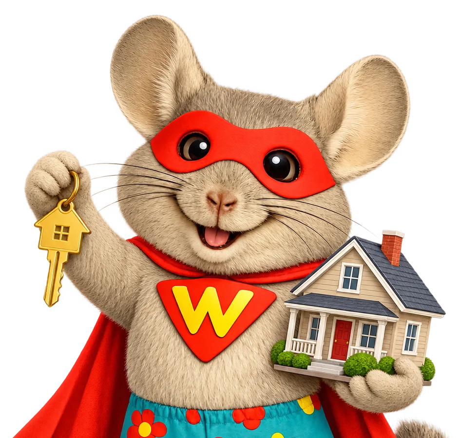 WinChilla superhero chinchilla holding a house and key to represent mortgage CRM software for brokers and agents.