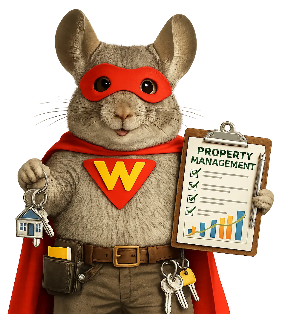 Superhero mascot holding house keys and a clipboard labeled 'Property Management' with a checklist and growth chart, representing a property management CRM.
