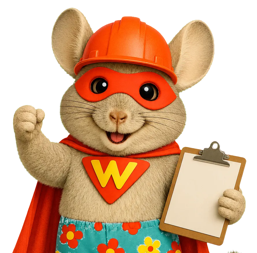 Superhero mascot wearing an orange hard hat and red cape, raising a fist and holding a clipboard, representing labor union software.