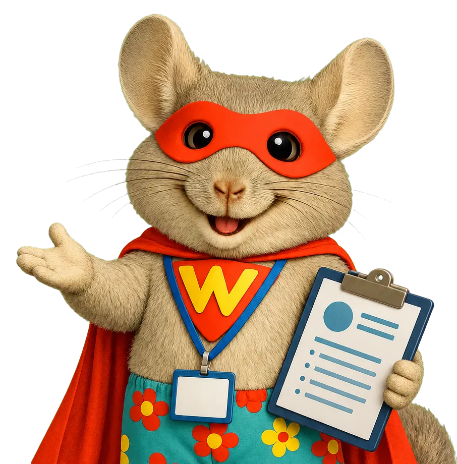 Superhero mascot wearing an ID badge and holding a member profile clipboard, representing a membership CRM for professional associations.