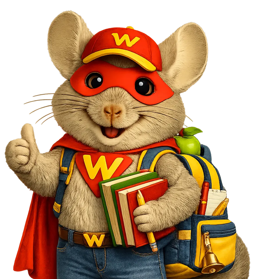 WinChilla mascot holding school supplies for a CRM for schools landing page.