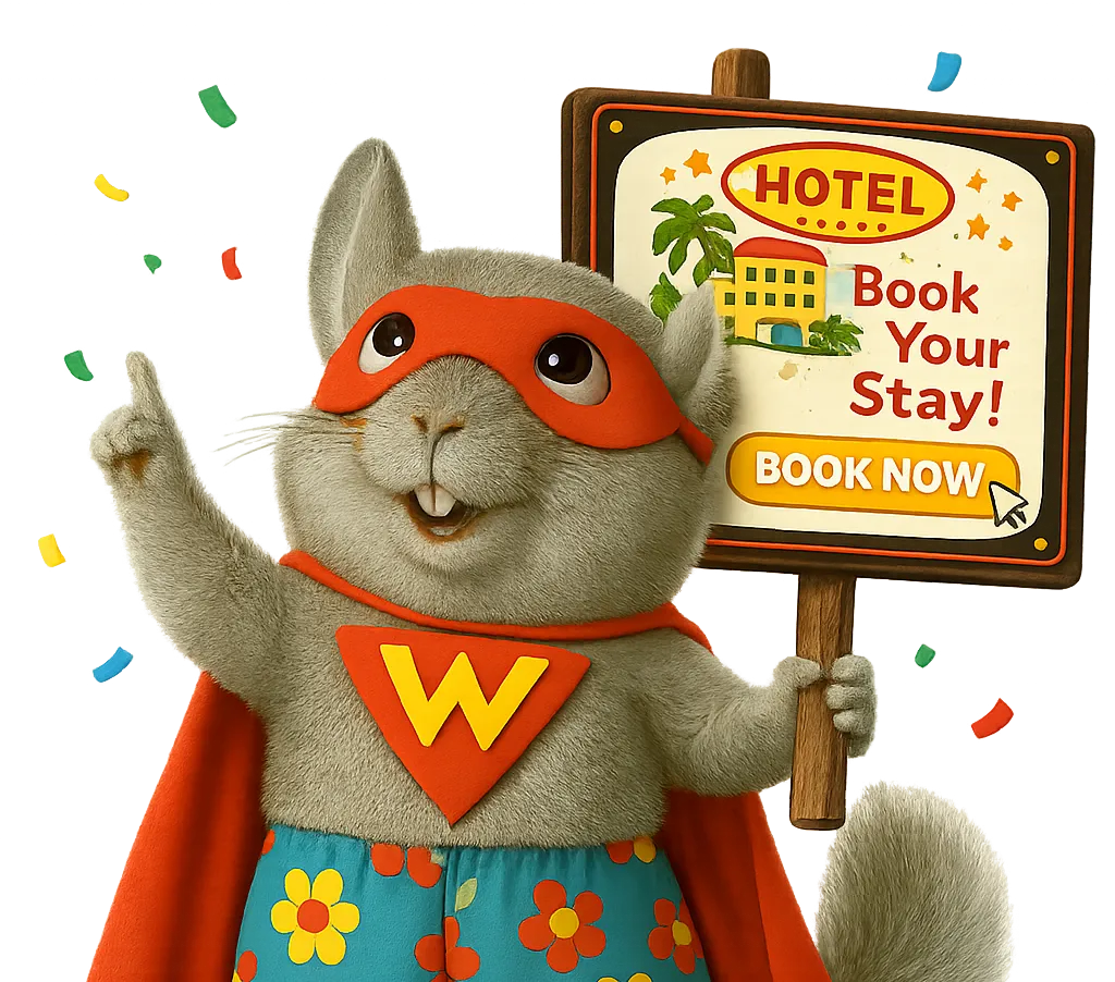 WinChilla mascot holding a hotel booking sign, representing hotel CRM software that helps hotels and motels manage guest follow-up and direct bookings.