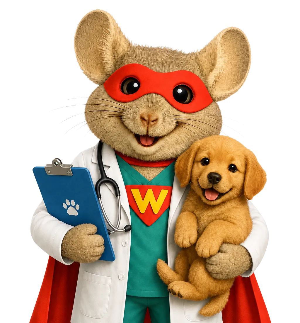 WinChilla veterinary marketing software mascot dressed as a veterinarian and holding a happy puppy.