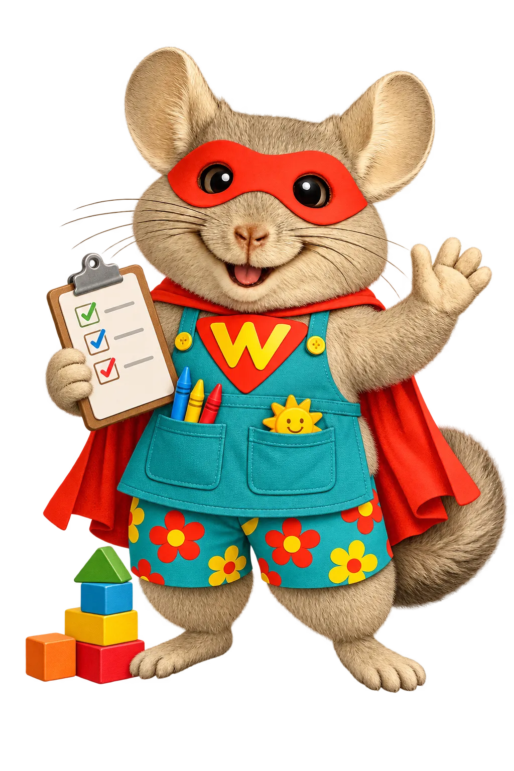 WinChilla mascot dressed as a childcare educator, welcoming families with a clipboard and toy blocks for a childcare CRM.