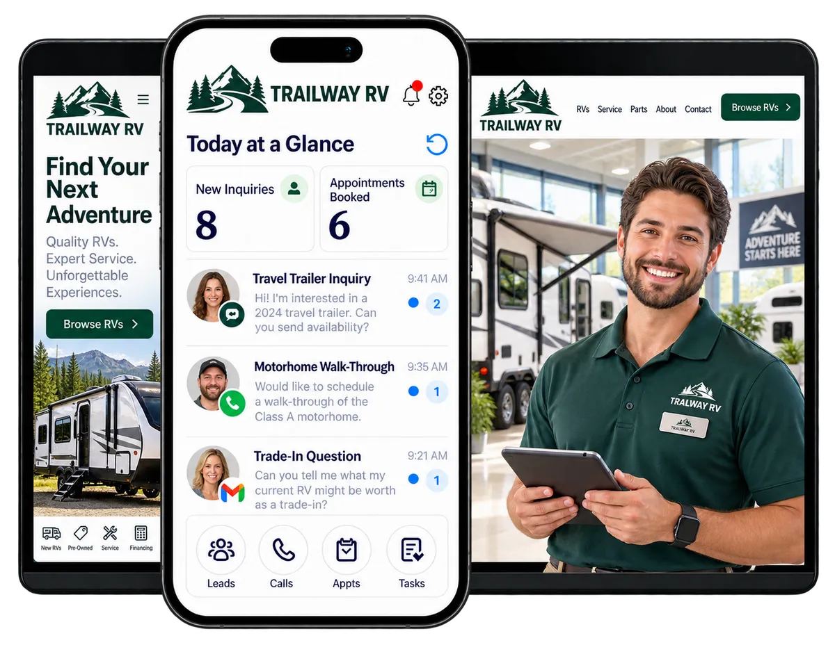 RV dealer CRM dashboard on a phone, laptop, and desktop beside an RV dealership website and sales consultant.