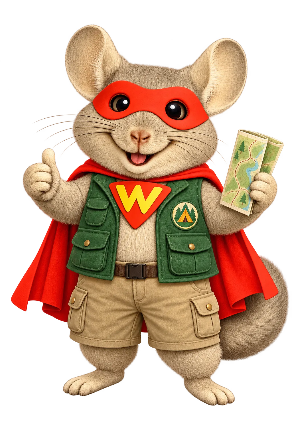 WinChilla’s chinchilla mascot dressed as a campground host in a green vest and red cape for RV park marketing.