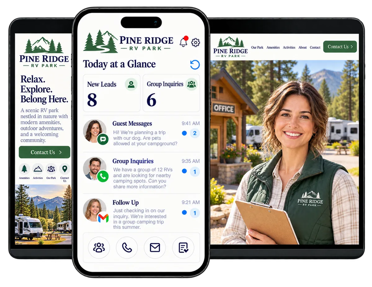 Campground CRM dashboard on a phone beside a campground website mockup, showing guest leads, group inquiries, and follow-up.