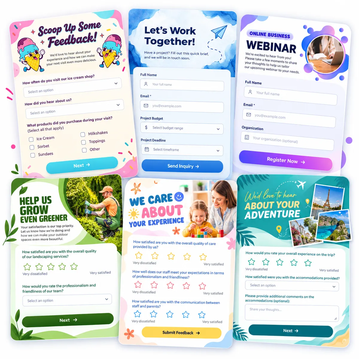Examples of online survey templates including customer satisfaction surveys, feedback forms, event registration, and branded survey designs using survey software.